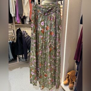 Anthropologie Floral Print Maxi Pants in Green and Pink